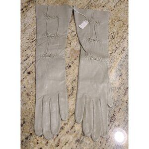 New! Vintage Size S 6 1/2 Beige Leather Formal 15" Long Gloves Tufted Look Bows